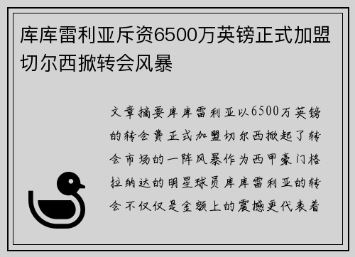 库库雷利亚斥资6500万英镑正式加盟切尔西掀转会风暴 库库雷利亚斥资6500万英镑正式加盟切尔西掀转会风暴