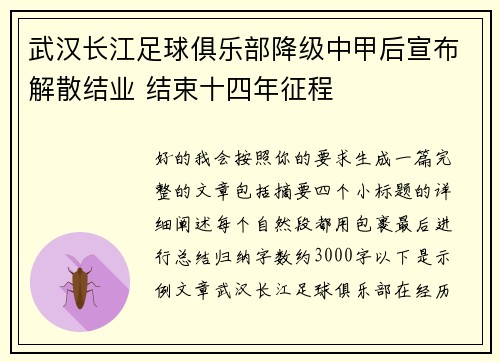 武汉长江足球俱乐部降级中甲后宣布解散结业 结束十四年征程