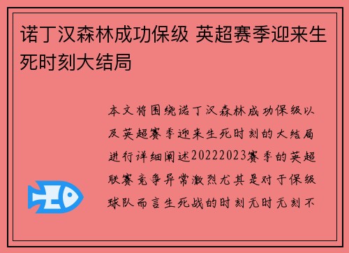 诺丁汉森林成功保级 英超赛季迎来生死时刻大结局 诺丁汉森林成功保级 英超赛季迎来生死时刻大结局